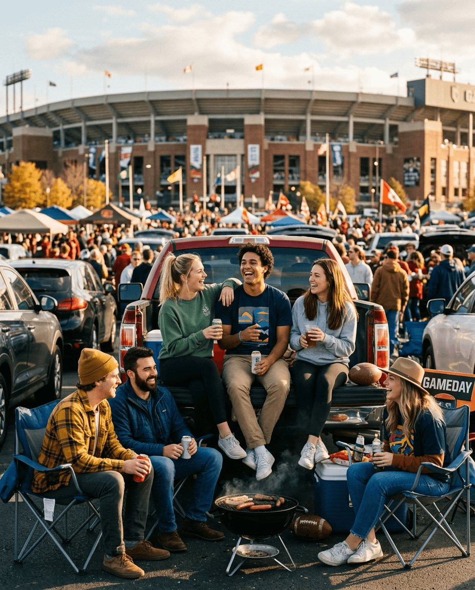Friends laughing together at a college football tailgate outside the stadium