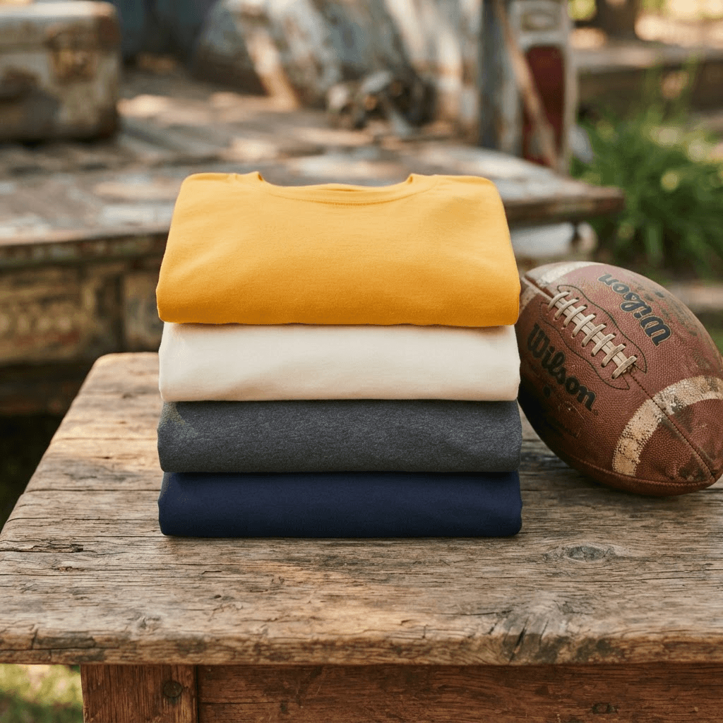 Folded Practice Champs t-shirts on a tailgate table